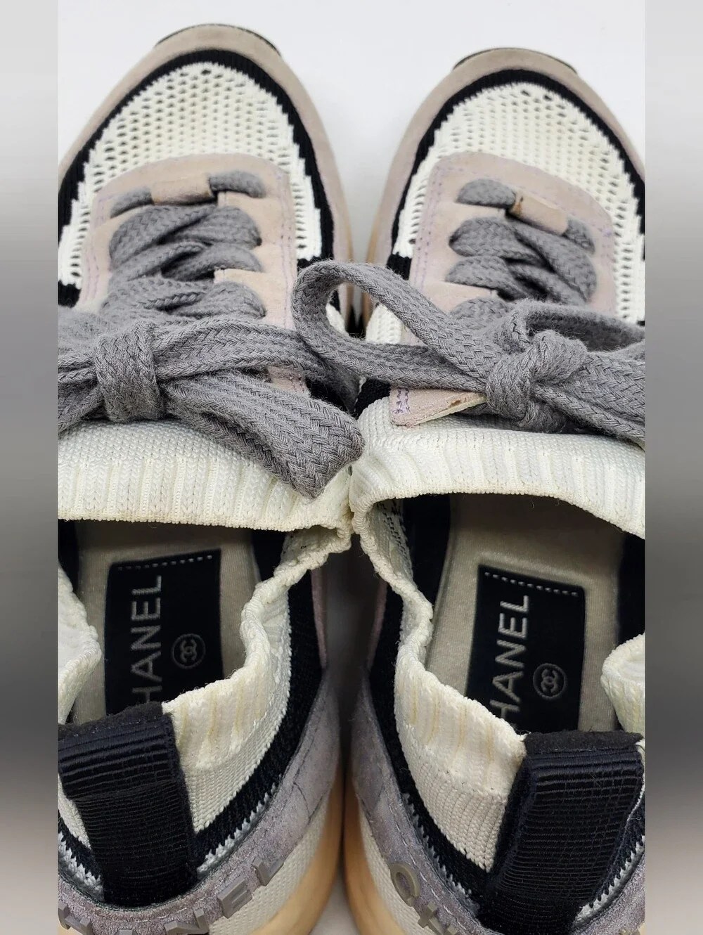 Chanel CC Low Top Suede And Knit Mesh Sneakers